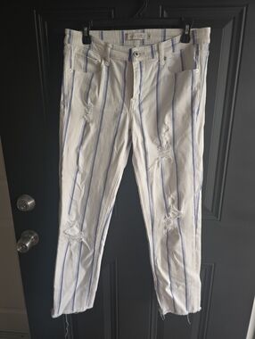 Striped Distressed White & Blue Jeans